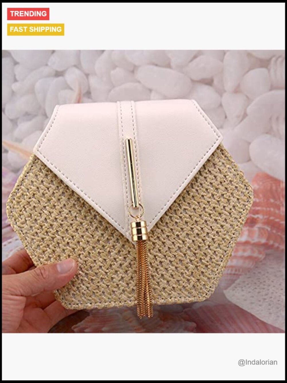 Straw and PU Leather Crossbody Bag with Magnetic Closure - Picture 4 of 7